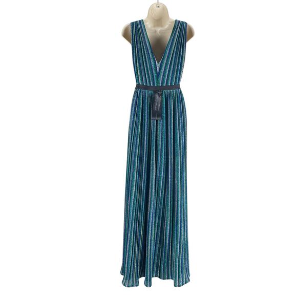 BCBGMaxAzria Metallic Striped Pleated Evening Gown Green Blue Size XXS - Picture 9 of 14